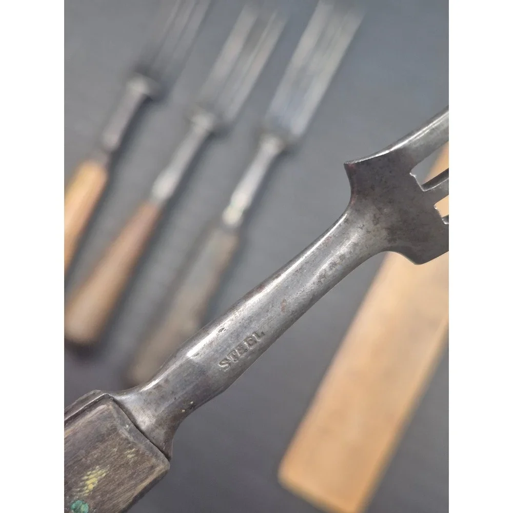 Antique 3 Tine Steel Forks Set of 4 Primitive Wood Bone Handle Rustic Flatware
